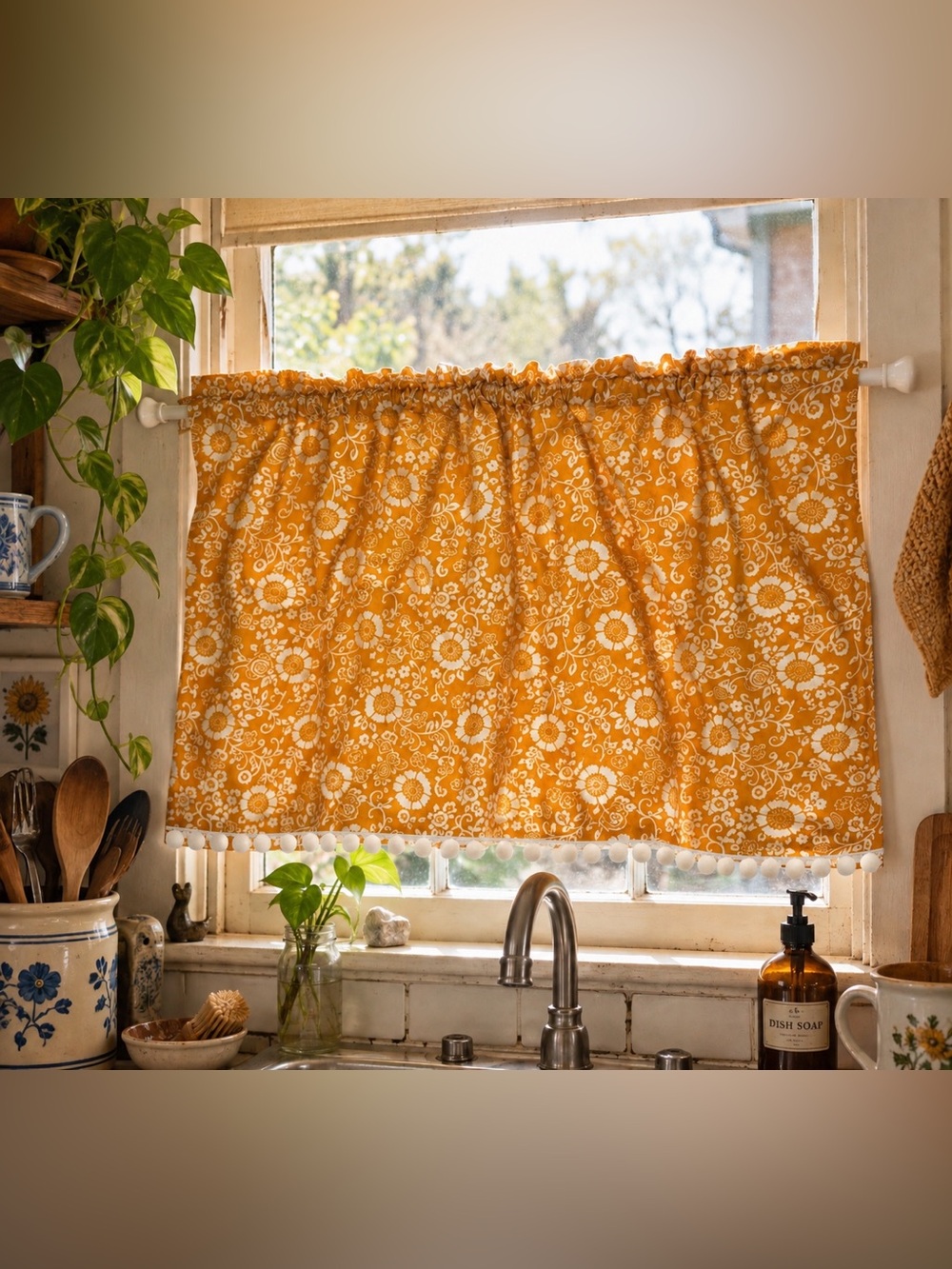 Vintage 1970s Mustard Floral Café Curtain + Kirsch Tension Rod • Pom Pom Trim